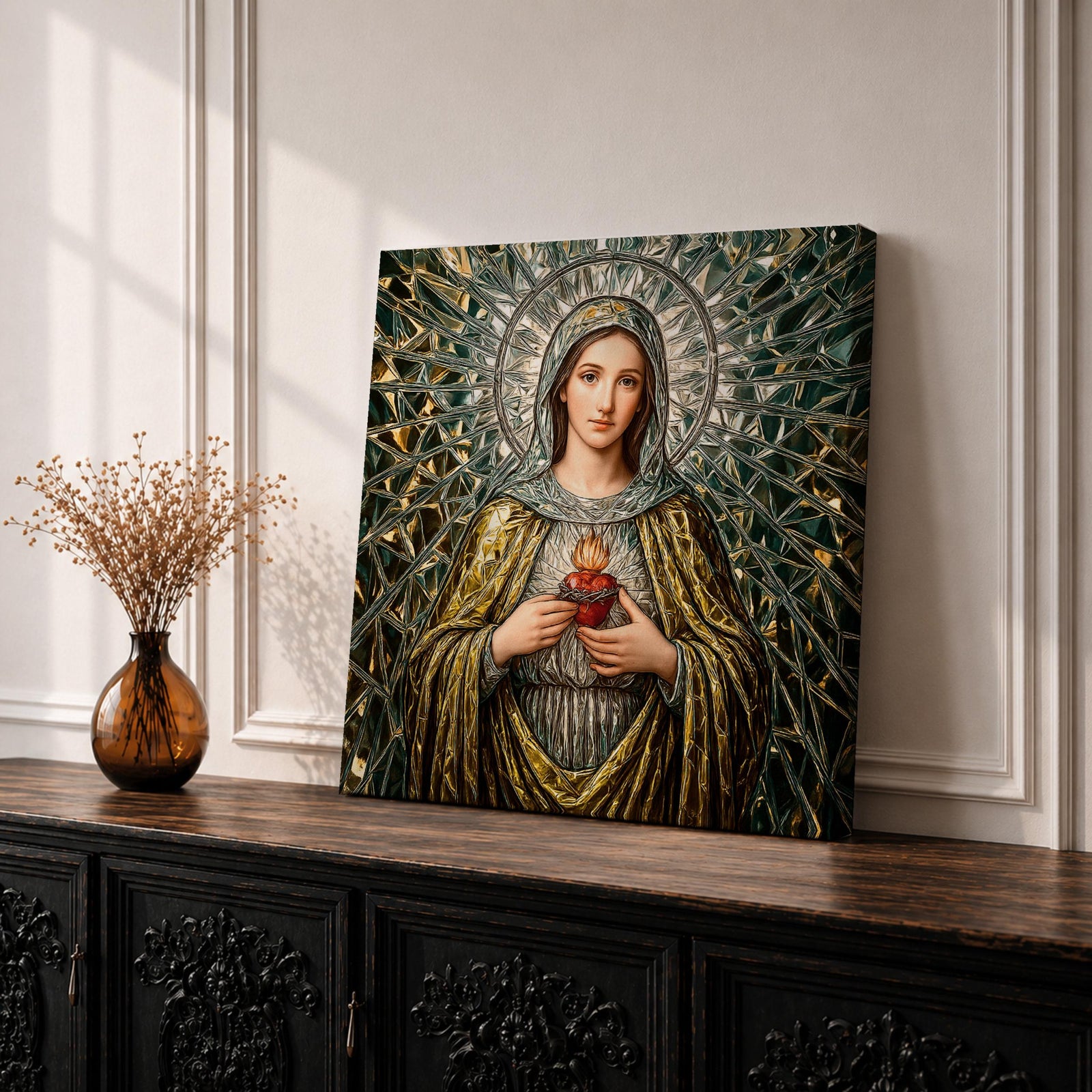 Immaculate Heart of Mary Wall Art Blessed Mother Framed Canvas Mosaic Catholic Home Decor