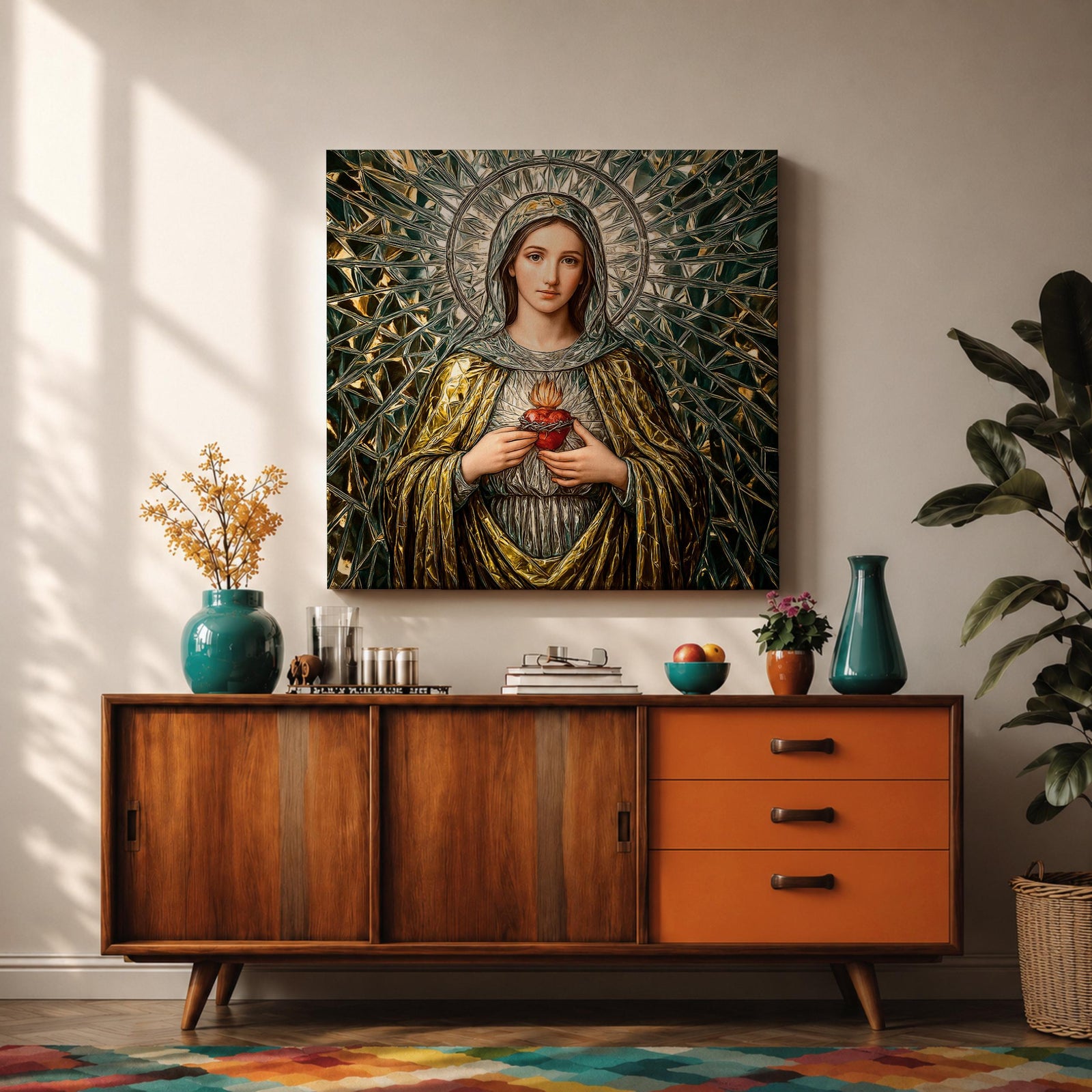 Immaculate Heart of Mary Wall Art Blessed Mother Framed Canvas Mosaic Catholic Home Decor