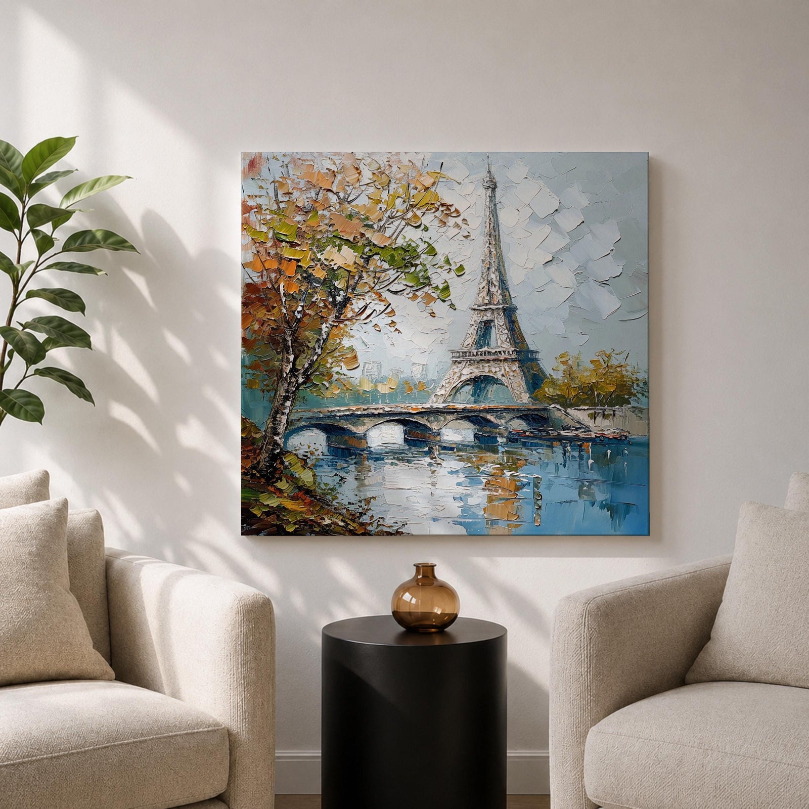 Eiffel Tower Wall Art Paris Landmark Framed Canvas France Impasto City Housewarming Decor
