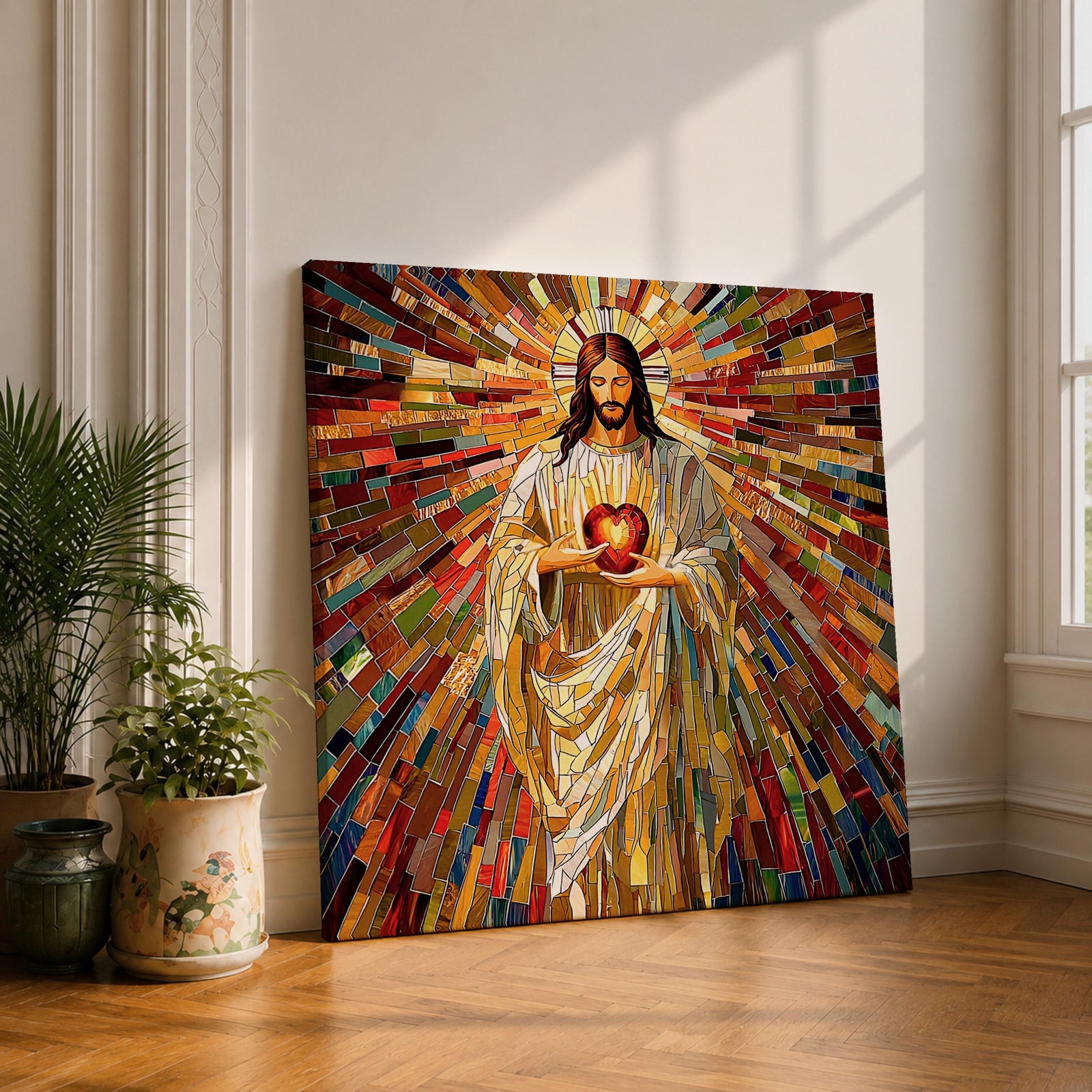 Sacred Heart of Jesus Wall Art Holy Redeemer Framed Canvas Mosaic Catholic Home Decor