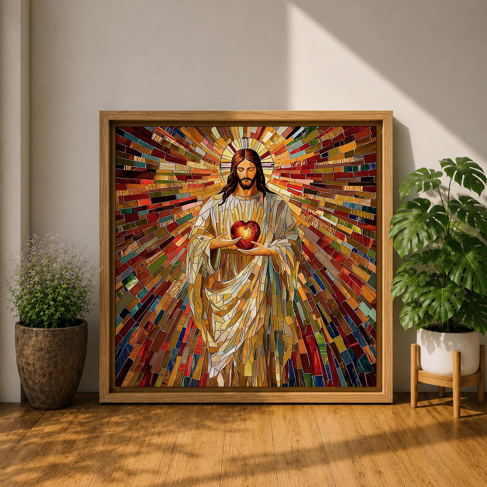 Sacred Heart of Jesus Wall Art Holy Redeemer Framed Canvas Mosaic Catholic Home Decor
