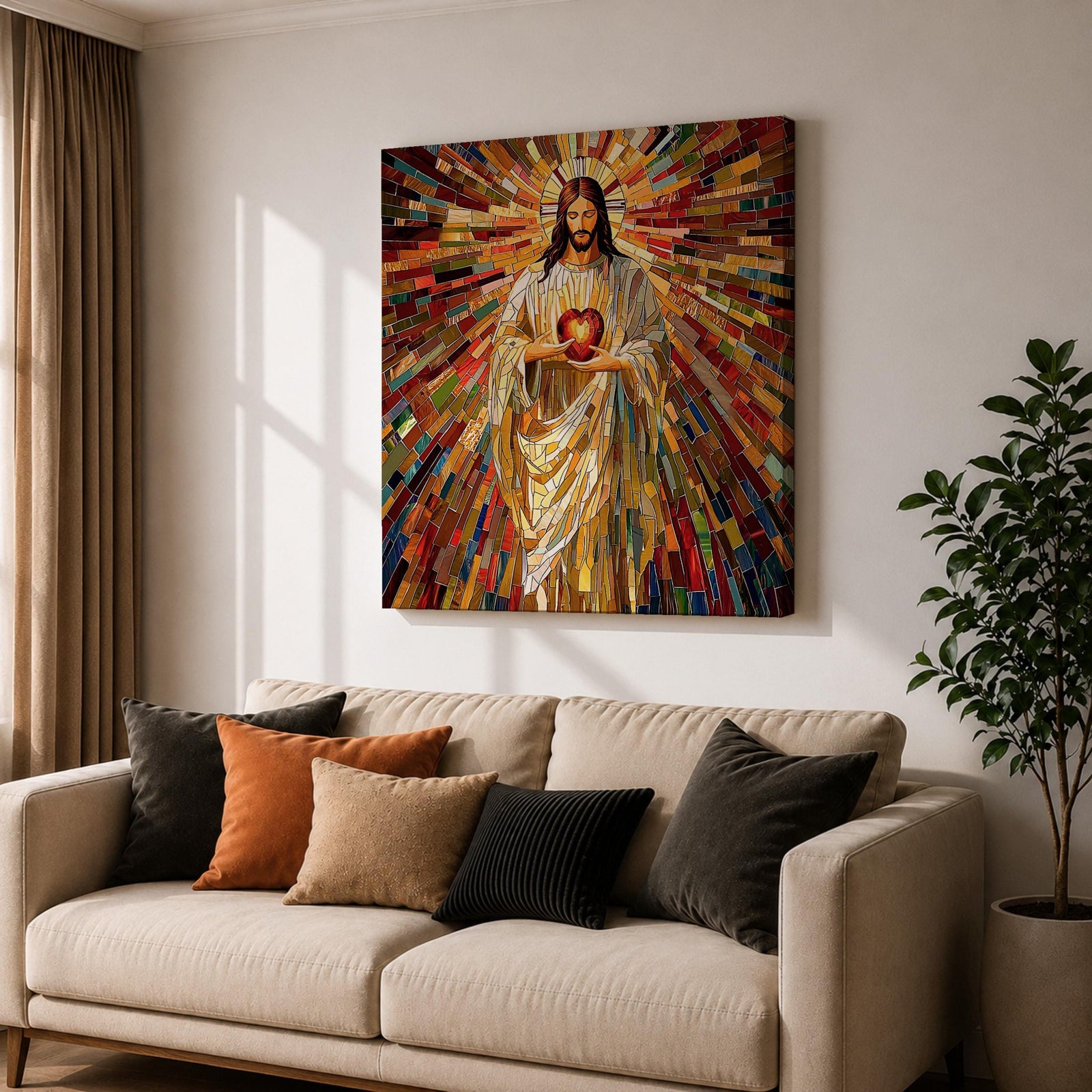 Sacred Heart of Jesus Wall Art Holy Redeemer Framed Canvas Mosaic Catholic Home Decor