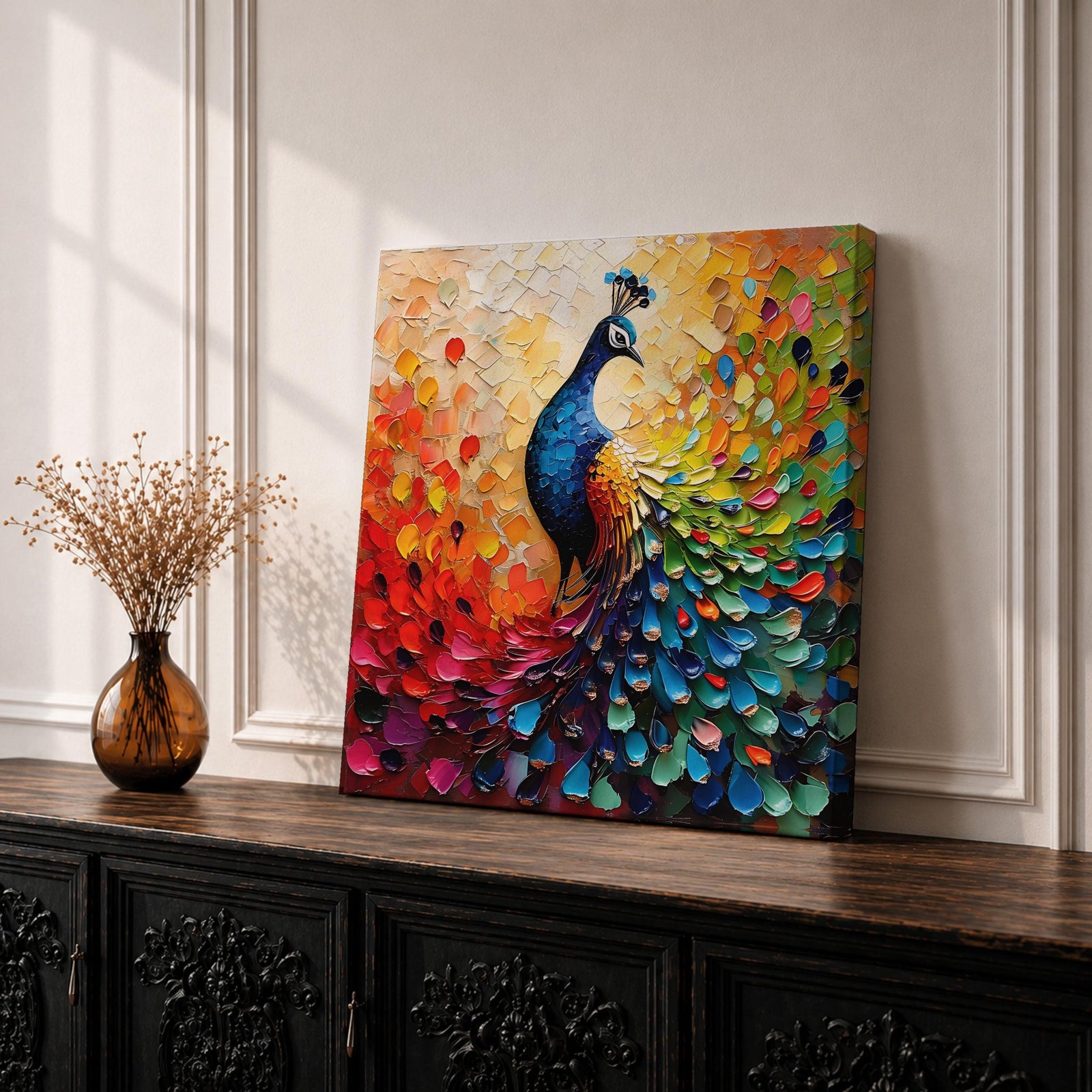 Peacock Wall Art Exotic Bird Framed Canvas Tropical Impasto Boho Nature Home Decor