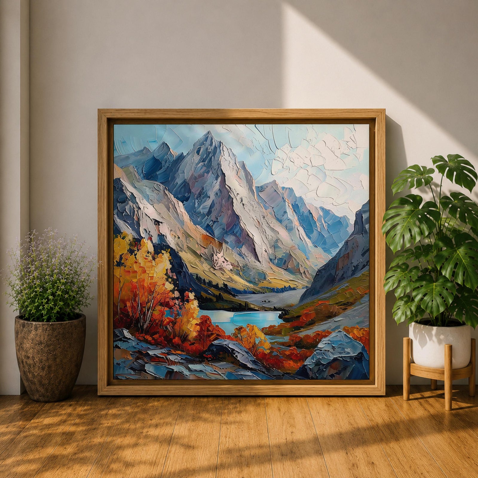 Autumn Mountain Wall Art Fall Scenery Framed Canvas Impasto Landscape Rustic Cabin Home Decor