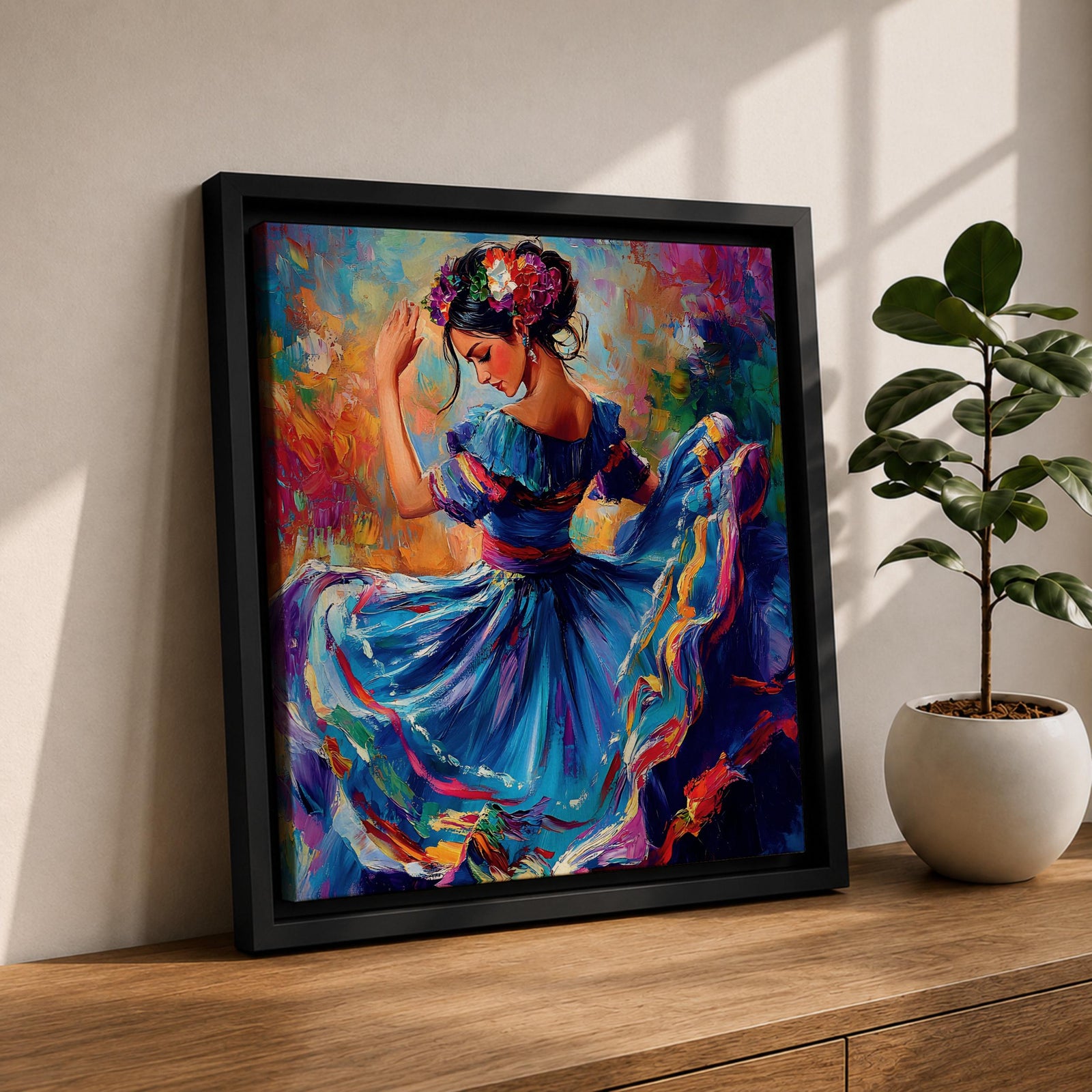 Mexican Folkloric Dancer Wall Art Ballet Folklórico Framed Canvas Cultural Fiesta Home Decor