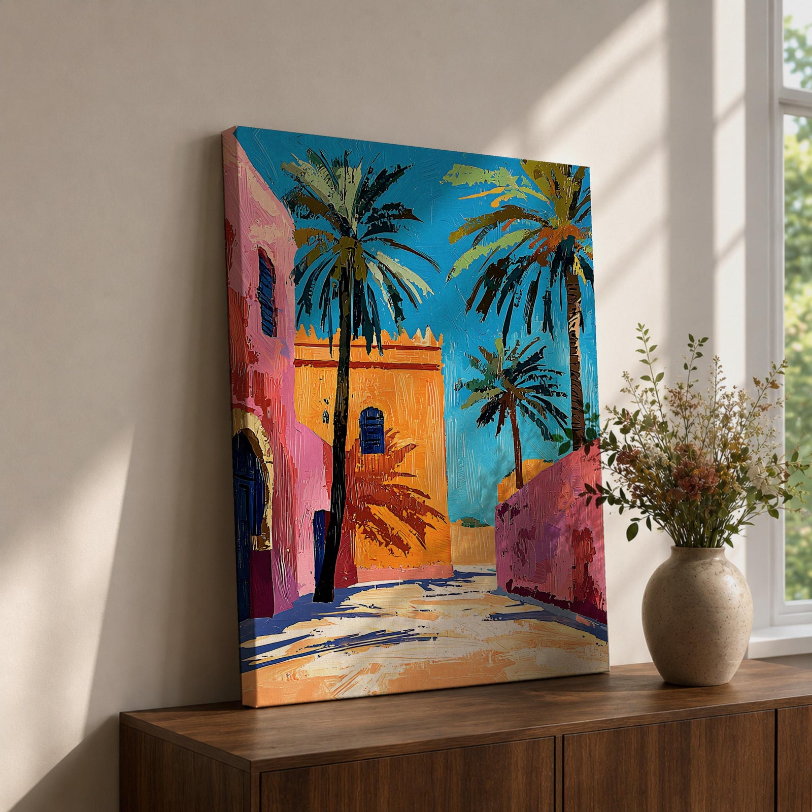 Colorful artwork of a Moroccan medina street lined with tall palm trees and vibrant pink and orange buildings under a bright blue sky. The lively composition captures the atmosphere of a traditional Moorish Islamic city with warm North African architecture.