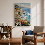 An impasto style painting depicting a vibrant coastal cliff with colorful wildflowers in the foreground and waves crashing against rocky shores under a partly cloudy sky, capturing the dynamic beauty of seaside nature.