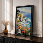 An impasto style painting depicting a vibrant coastal cliff with colorful wildflowers in the foreground and waves crashing against rocky shores under a partly cloudy sky, capturing the dynamic beauty of seaside nature.