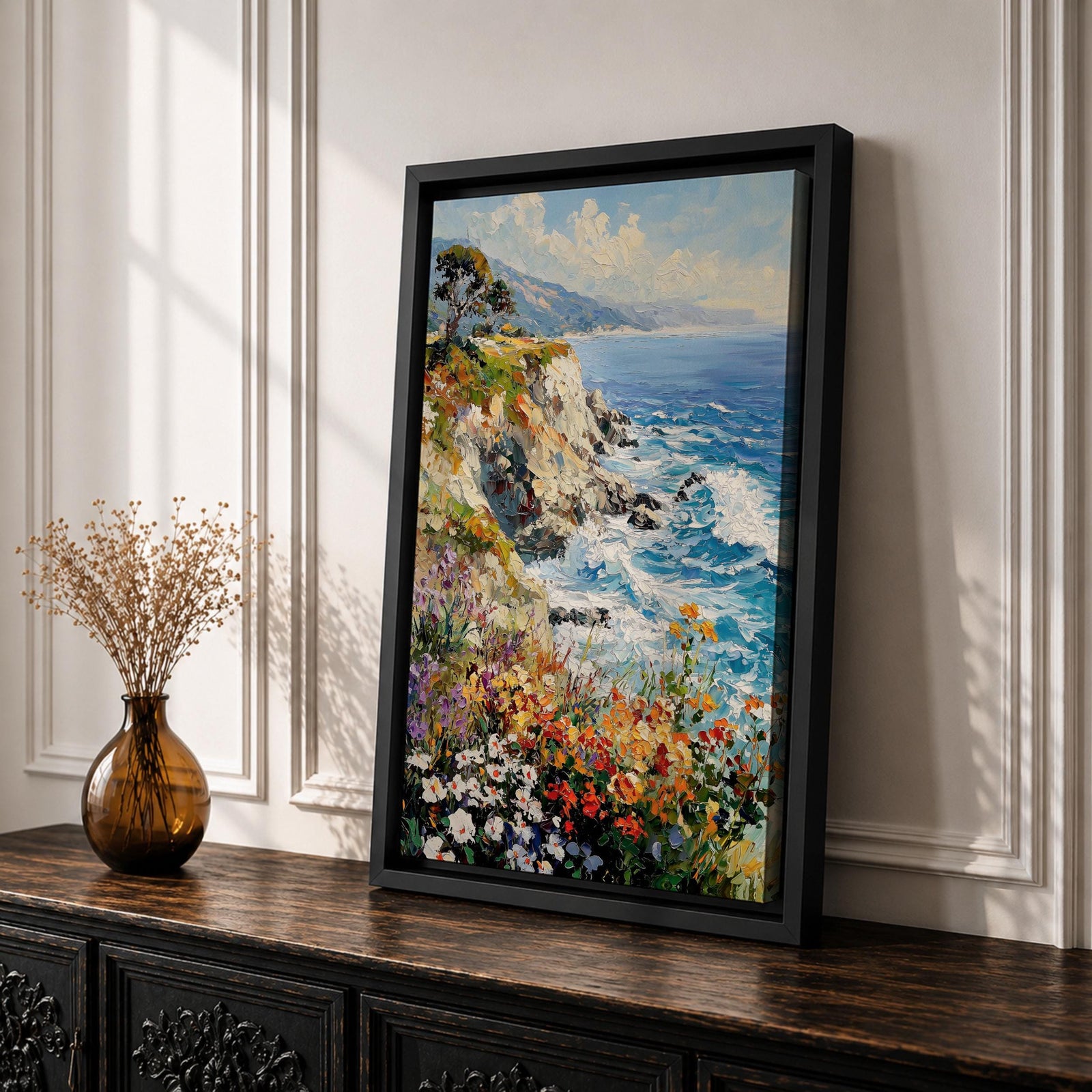 An impasto style painting depicting a vibrant coastal cliff with colorful wildflowers in the foreground and waves crashing against rocky shores under a partly cloudy sky, capturing the dynamic beauty of seaside nature.