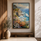 An impasto style painting depicting a vibrant coastal cliff with colorful wildflowers in the foreground and waves crashing against rocky shores under a partly cloudy sky, capturing the dynamic beauty of seaside nature.