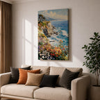 An impasto style painting depicting a vibrant coastal cliff with colorful wildflowers in the foreground and waves crashing against rocky shores under a partly cloudy sky, capturing the dynamic beauty of seaside nature.