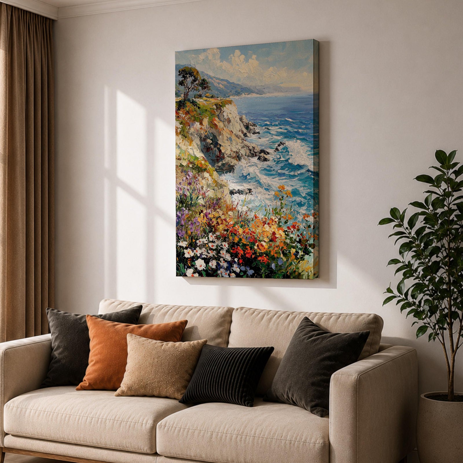 An impasto style painting depicting a vibrant coastal cliff with colorful wildflowers in the foreground and waves crashing against rocky shores under a partly cloudy sky, capturing the dynamic beauty of seaside nature.