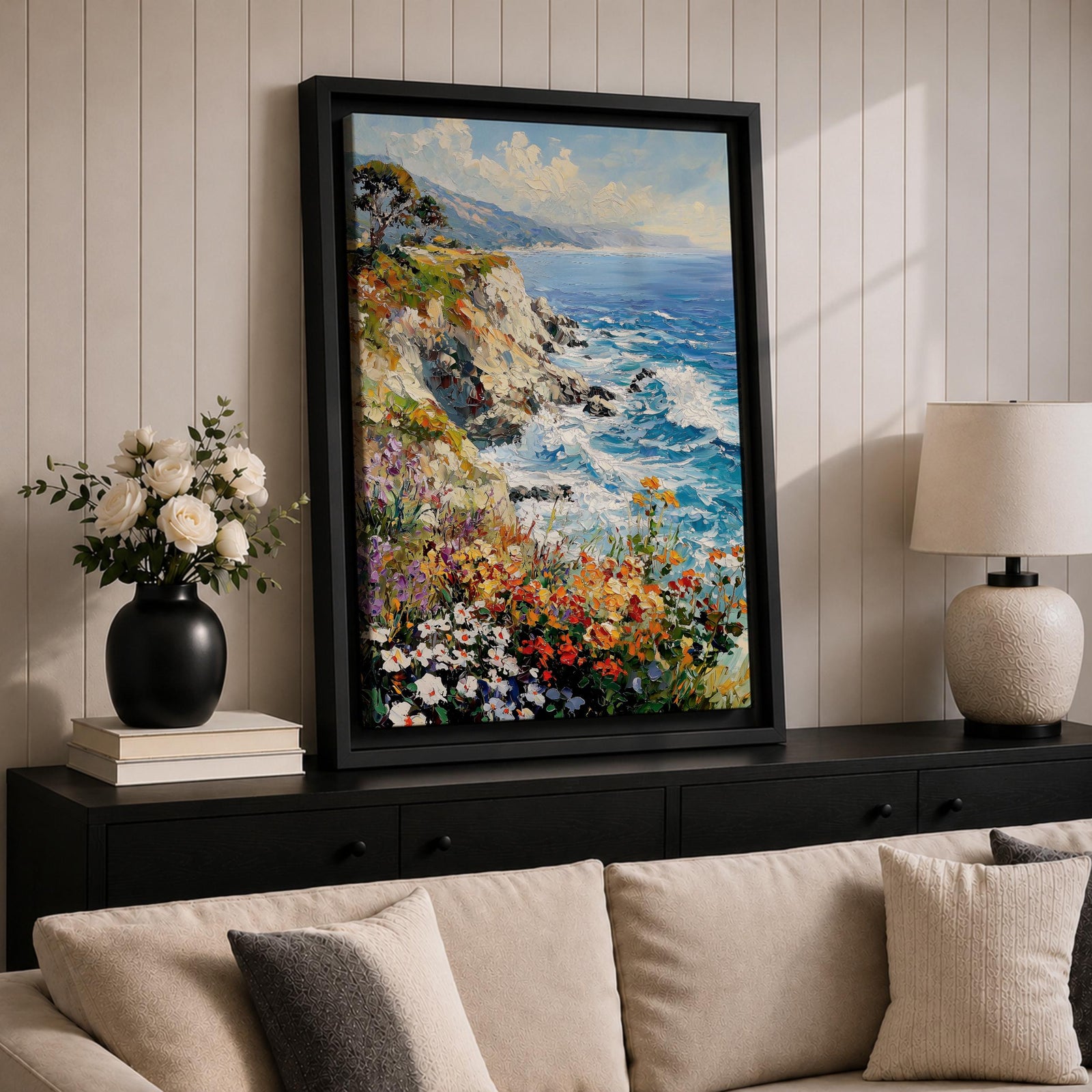 An impasto style painting depicting a vibrant coastal cliff with colorful wildflowers in the foreground and waves crashing against rocky shores under a partly cloudy sky, capturing the dynamic beauty of seaside nature.