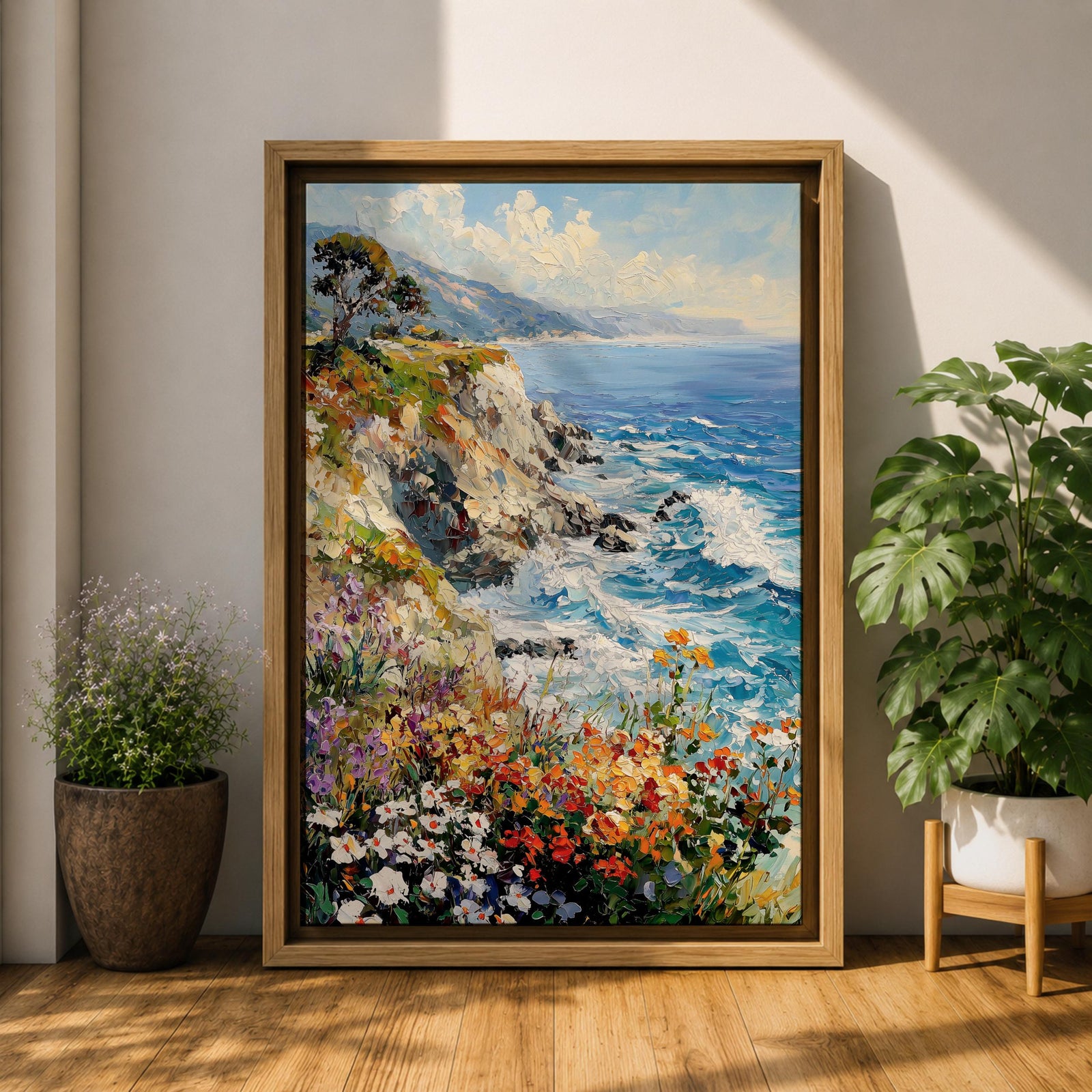 An impasto style painting depicting a vibrant coastal cliff with colorful wildflowers in the foreground and waves crashing against rocky shores under a partly cloudy sky, capturing the dynamic beauty of seaside nature.