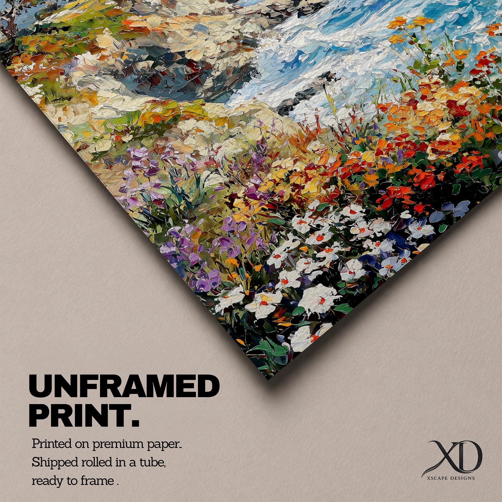 An impasto style painting depicting a vibrant coastal cliff with colorful wildflowers in the foreground and waves crashing against rocky shores under a partly cloudy sky, capturing the dynamic beauty of seaside nature.