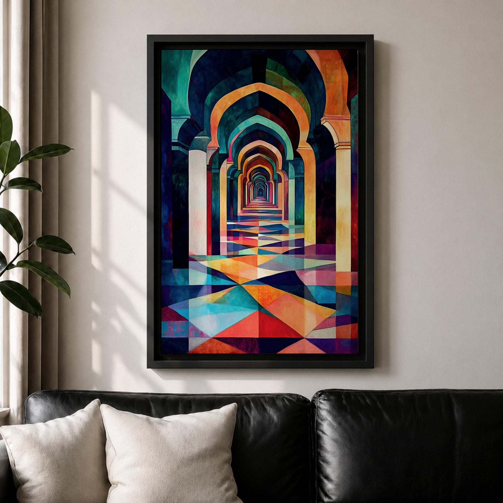 Colorful Moorish archway corridor wall art featuring repeating Islamic arches and vibrant geometric flooring inspired by Moroccan and Andalusian architecture. Framed canvas artwork with bold colors and symmetry, perfect for boho interiors and Islamic architectural decor.