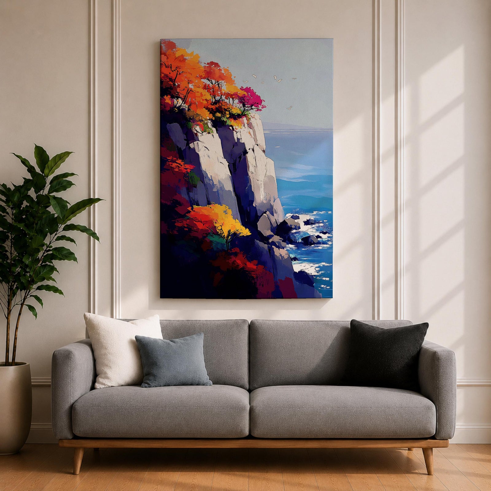 A vibrant cliffside autumn seascape featuring colorful fall foliage atop rocky cliffs overlooking a calm blue ocean with gentle waves and flying seagulls, rendered in a vivid, painterly style emphasizing natural beauty and coastal landscape elements.
