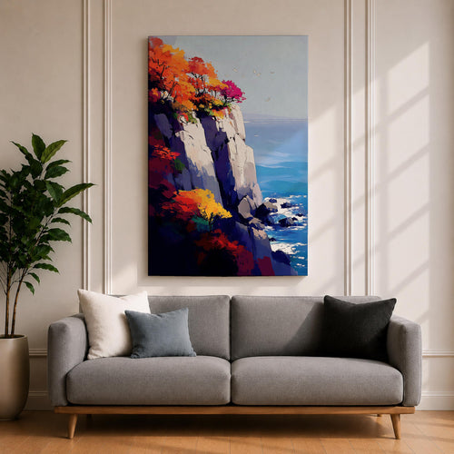 A vibrant cliffside autumn seascape featuring colorful fall foliage atop rocky cliffs overlooking a calm blue ocean with gentle waves and flying seagulls, rendered in a vivid, painterly style emphasizing natural beauty and coastal landscape elements.