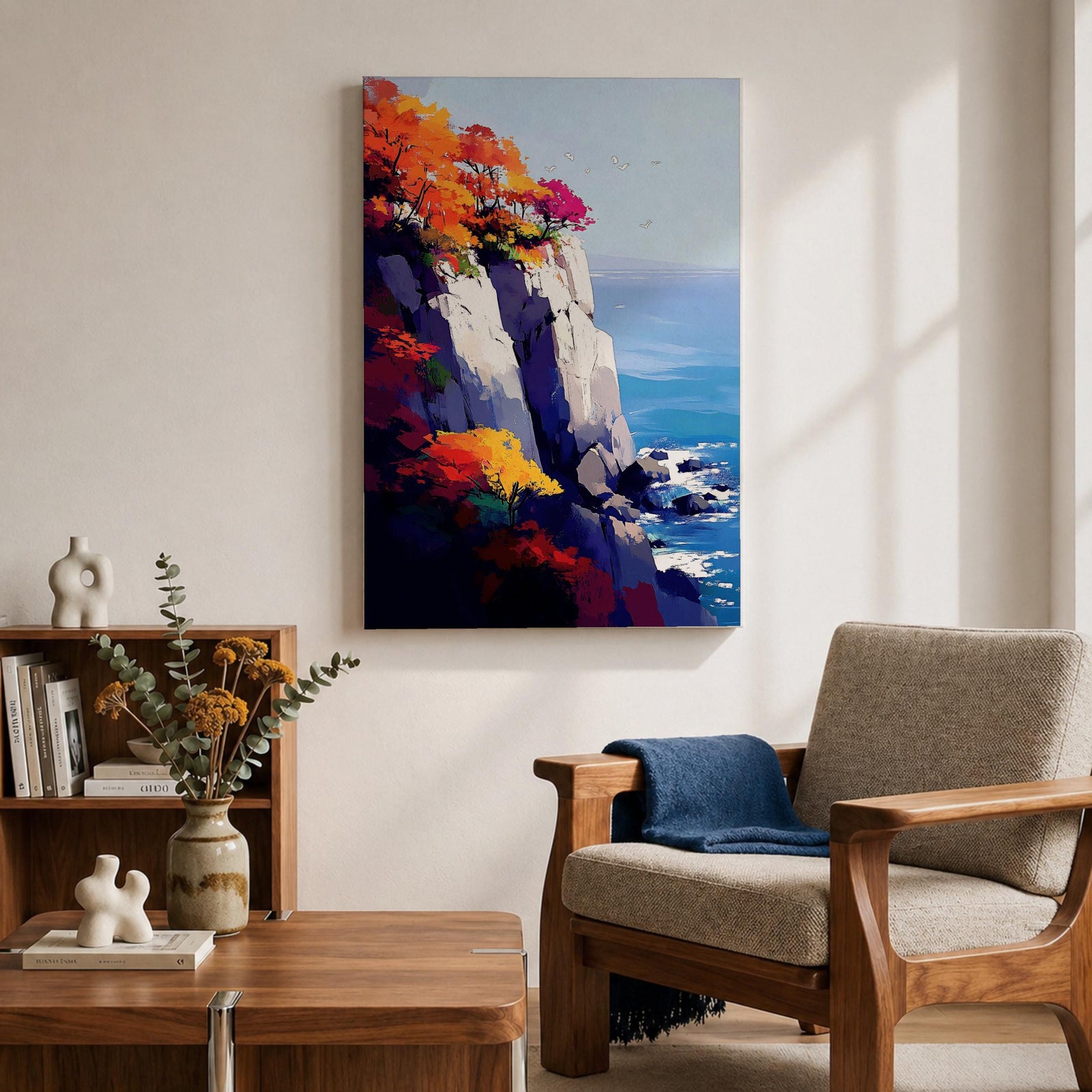 A vibrant cliffside autumn seascape featuring colorful fall foliage atop rocky cliffs overlooking a calm blue ocean with gentle waves and flying seagulls, rendered in a vivid, painterly style emphasizing natural beauty and coastal landscape elements.