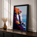 A vibrant cliffside autumn seascape featuring colorful fall foliage atop rocky cliffs overlooking a calm blue ocean with gentle waves and flying seagulls, rendered in a vivid, painterly style emphasizing natural beauty and coastal landscape elements.