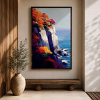 A vibrant cliffside autumn seascape featuring colorful fall foliage atop rocky cliffs overlooking a calm blue ocean with gentle waves and flying seagulls, rendered in a vivid, painterly style emphasizing natural beauty and coastal landscape elements.