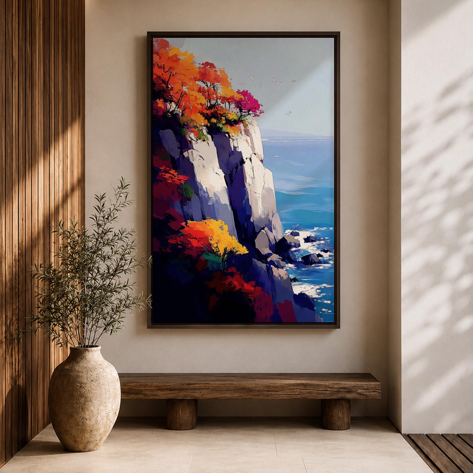 A vibrant cliffside autumn seascape featuring colorful fall foliage atop rocky cliffs overlooking a calm blue ocean with gentle waves and flying seagulls, rendered in a vivid, painterly style emphasizing natural beauty and coastal landscape elements.