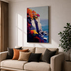 A vibrant cliffside autumn seascape featuring colorful fall foliage atop rocky cliffs overlooking a calm blue ocean with gentle waves and flying seagulls, rendered in a vivid, painterly style emphasizing natural beauty and coastal landscape elements.