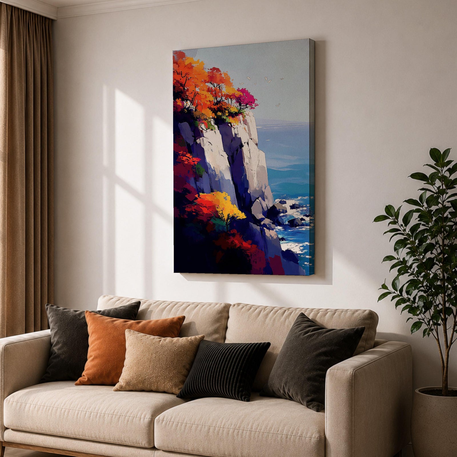 A vibrant cliffside autumn seascape featuring colorful fall foliage atop rocky cliffs overlooking a calm blue ocean with gentle waves and flying seagulls, rendered in a vivid, painterly style emphasizing natural beauty and coastal landscape elements.