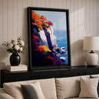 A vibrant cliffside autumn seascape featuring colorful fall foliage atop rocky cliffs overlooking a calm blue ocean with gentle waves and flying seagulls, rendered in a vivid, painterly style emphasizing natural beauty and coastal landscape elements.
