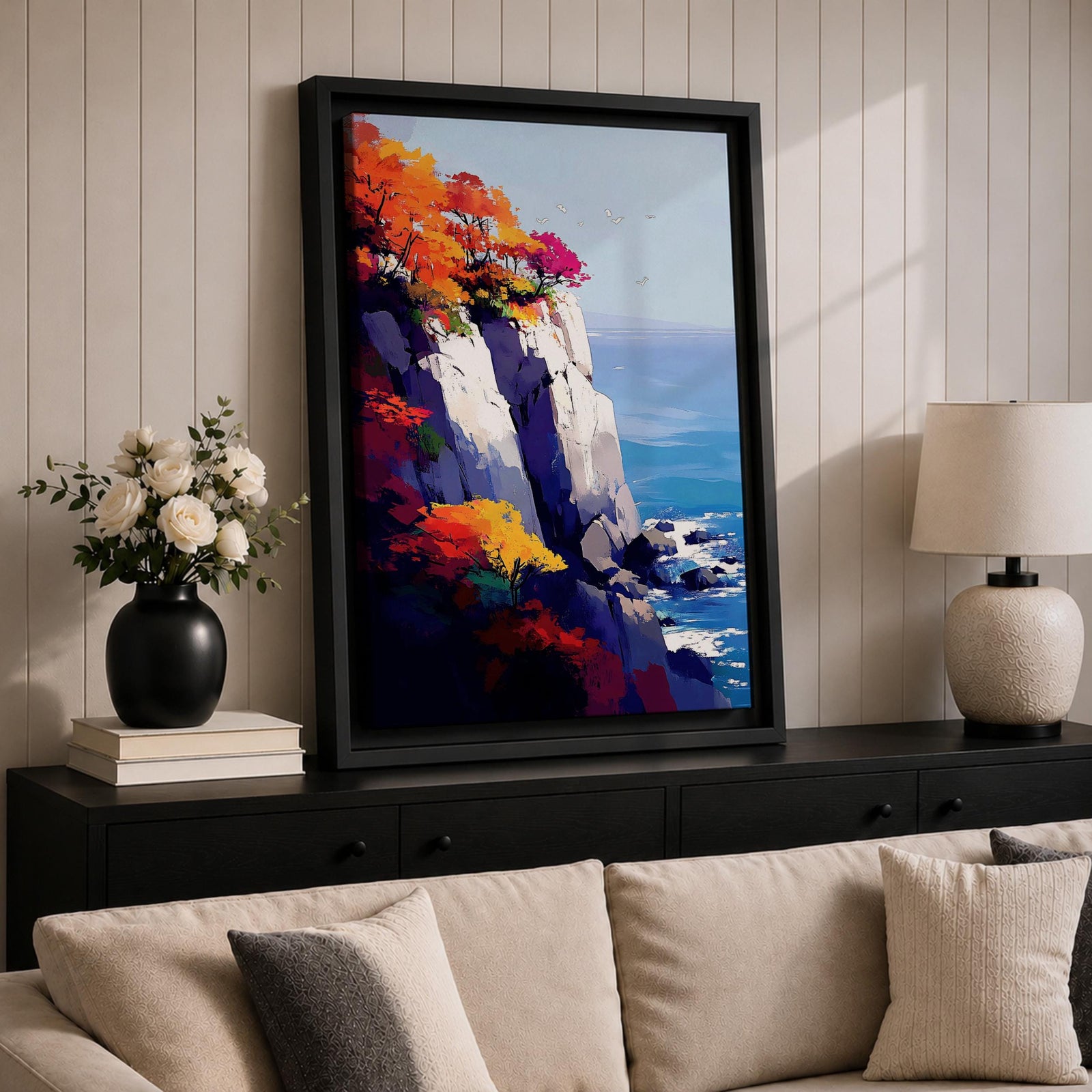 A vibrant cliffside autumn seascape featuring colorful fall foliage atop rocky cliffs overlooking a calm blue ocean with gentle waves and flying seagulls, rendered in a vivid, painterly style emphasizing natural beauty and coastal landscape elements.