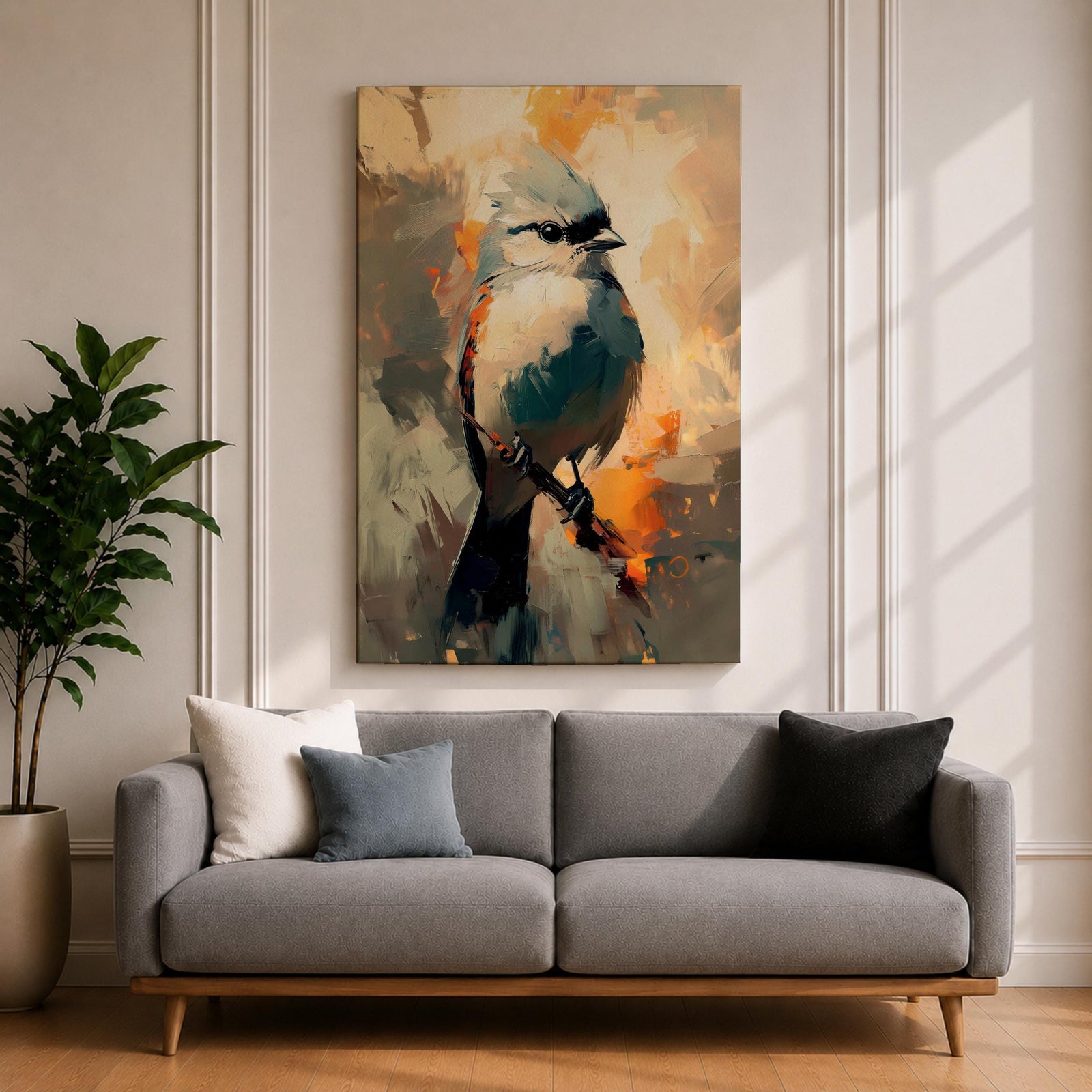 An abstract painting of a bird perched on a branch, featuring bold brushstrokes and vibrant color blocks in an impressionistic style, capturing the essence of a songbird in a modern nature-themed composition.