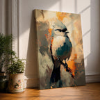 An abstract painting of a bird perched on a branch, featuring bold brushstrokes and vibrant color blocks in an impressionistic style, capturing the essence of a songbird in a modern nature-themed composition.