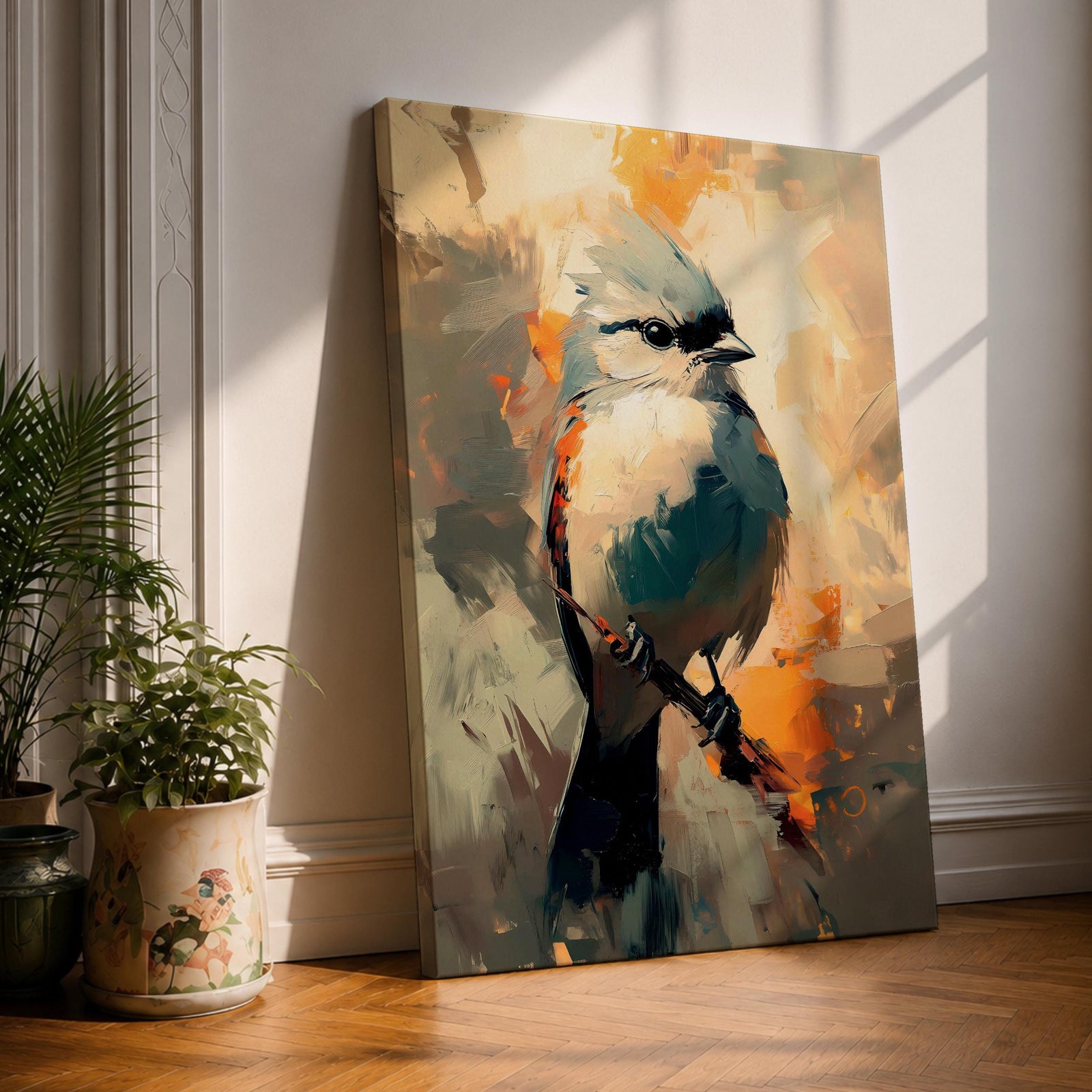 An abstract painting of a bird perched on a branch, featuring bold brushstrokes and vibrant color blocks in an impressionistic style, capturing the essence of a songbird in a modern nature-themed composition.
