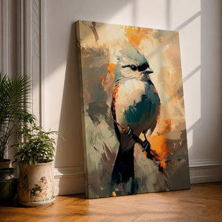 An abstract painting of a bird perched on a branch, featuring bold brushstrokes and vibrant color blocks in an impressionistic style, capturing the essence of a songbird in a modern nature-themed composition.