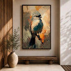 An abstract painting of a bird perched on a branch, featuring bold brushstrokes and vibrant color blocks in an impressionistic style, capturing the essence of a songbird in a modern nature-themed composition.
