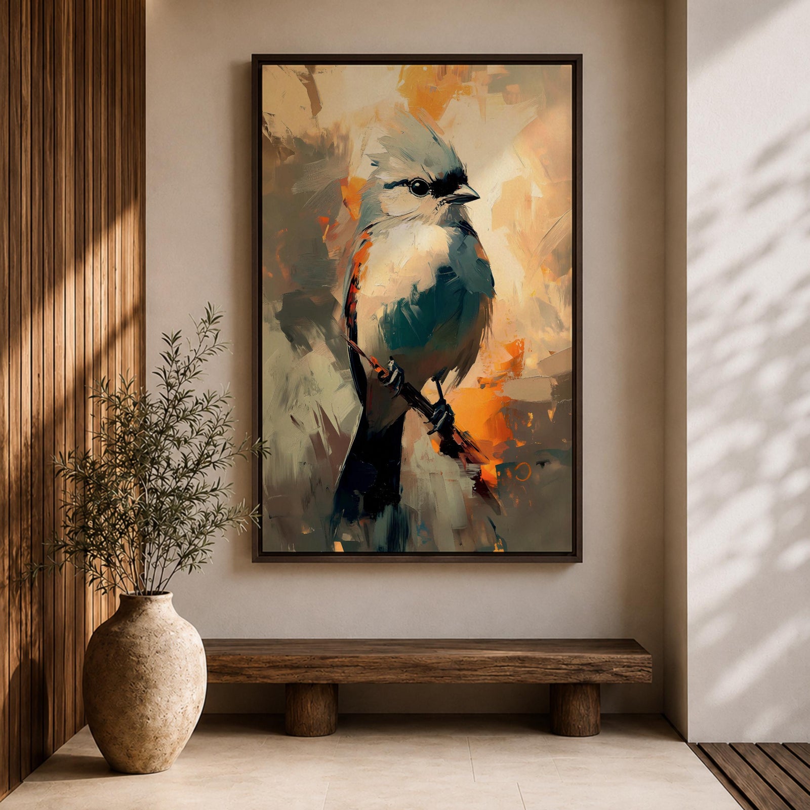 An abstract painting of a bird perched on a branch, featuring bold brushstrokes and vibrant color blocks in an impressionistic style, capturing the essence of a songbird in a modern nature-themed composition.