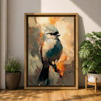 An abstract painting of a bird perched on a branch, featuring bold brushstrokes and vibrant color blocks in an impressionistic style, capturing the essence of a songbird in a modern nature-themed composition.