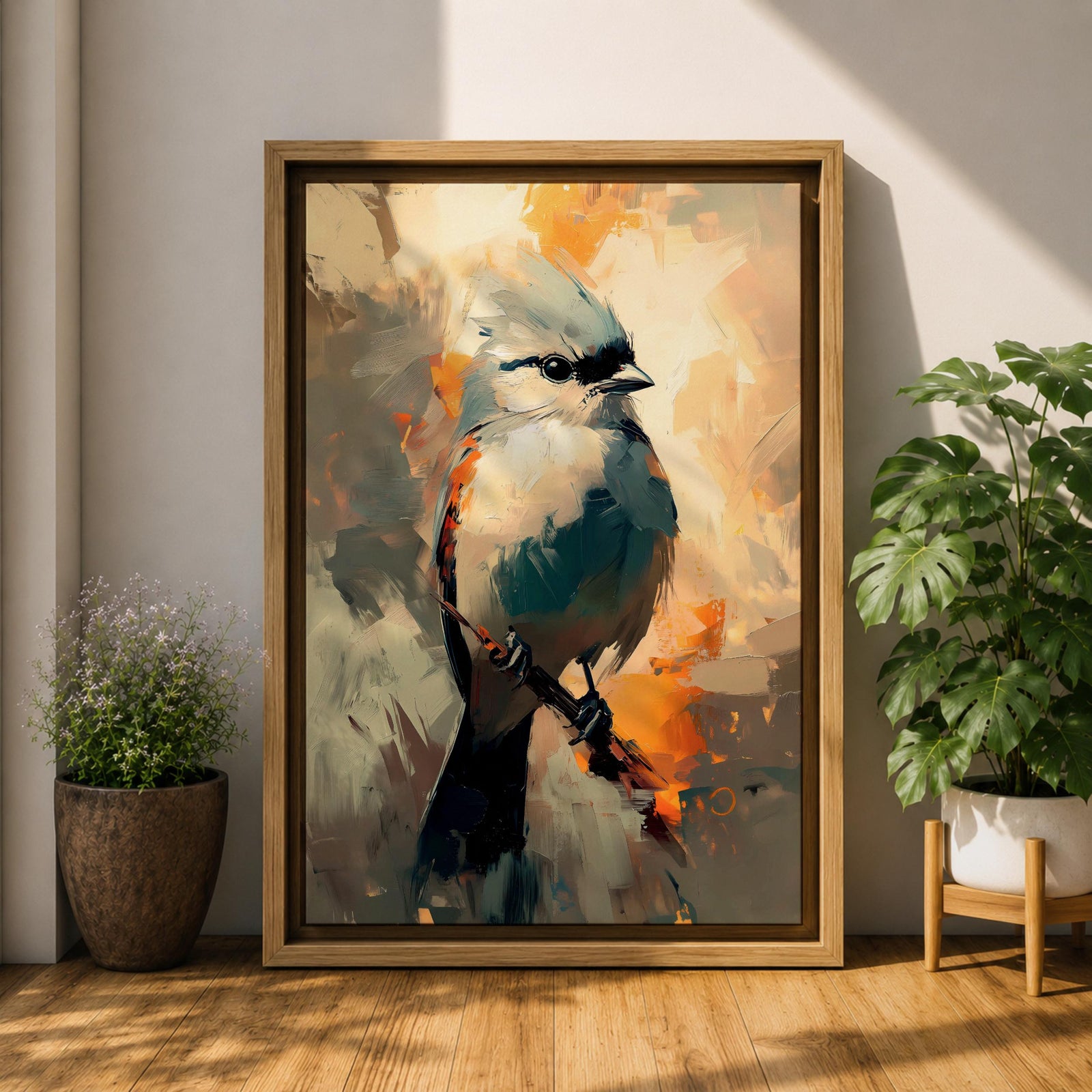 An abstract painting of a bird perched on a branch, featuring bold brushstrokes and vibrant color blocks in an impressionistic style, capturing the essence of a songbird in a modern nature-themed composition.