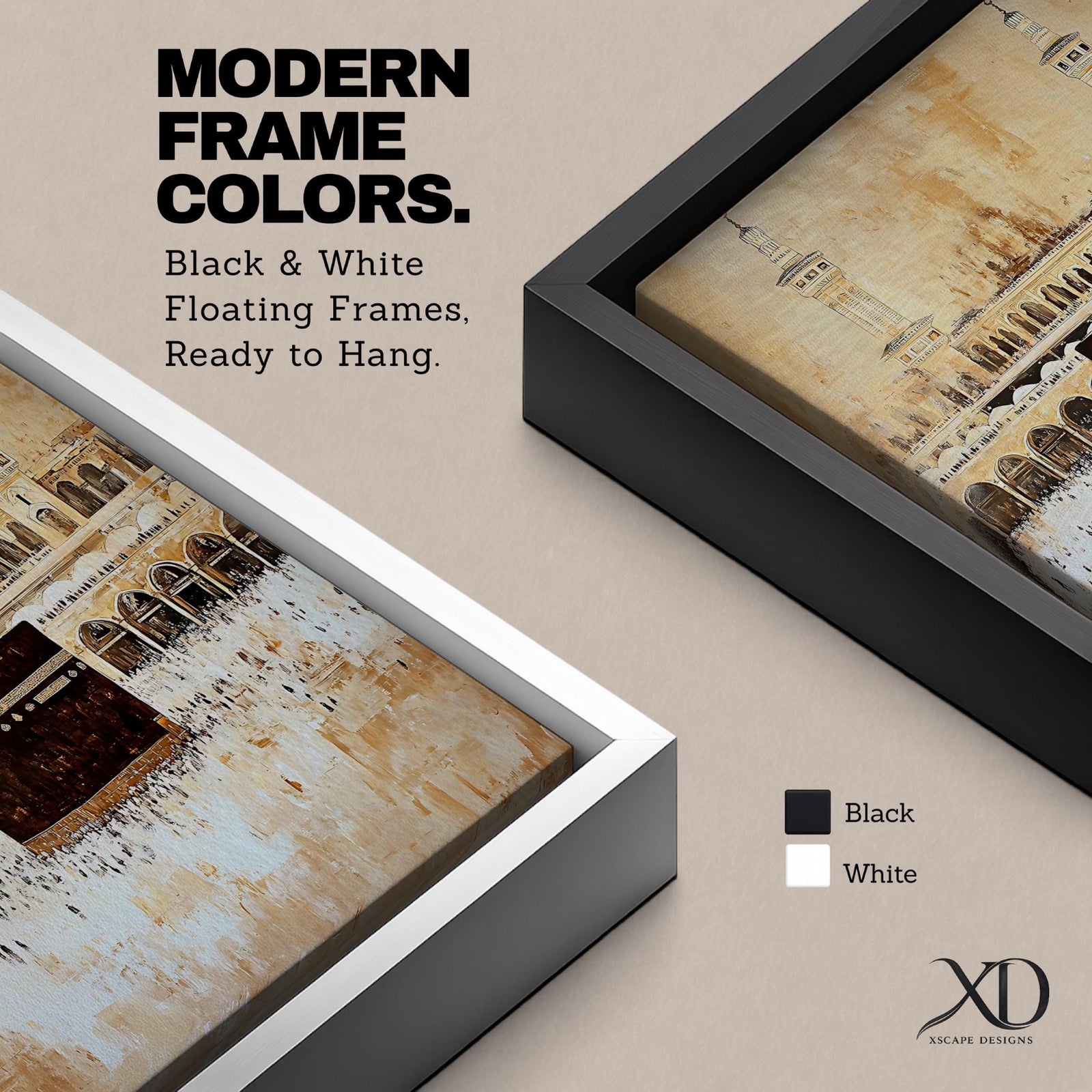 Kaaba wall art featuring Masjid al-Haram in Mecca during Hajj pilgrimage, with pilgrims gathered around the sacred Kaaba. Neutral vintage style Islamic artwork showing mosque minarets and courtyard architecture, framed canvas decor for Muslim homes and spiritual interiors.