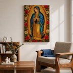 Stained glass style illustration of Our Lady of Guadalupe also known as La Guadalupana standing with hands clasped in prayer, wearing a rose colored gown and a star covered teal mantle, surrounded by radiant golden rays and geometric glass segments, with a small angel beneath her, rendered in luminous jewel tones inspired by traditional Catholic stained glass imagery.