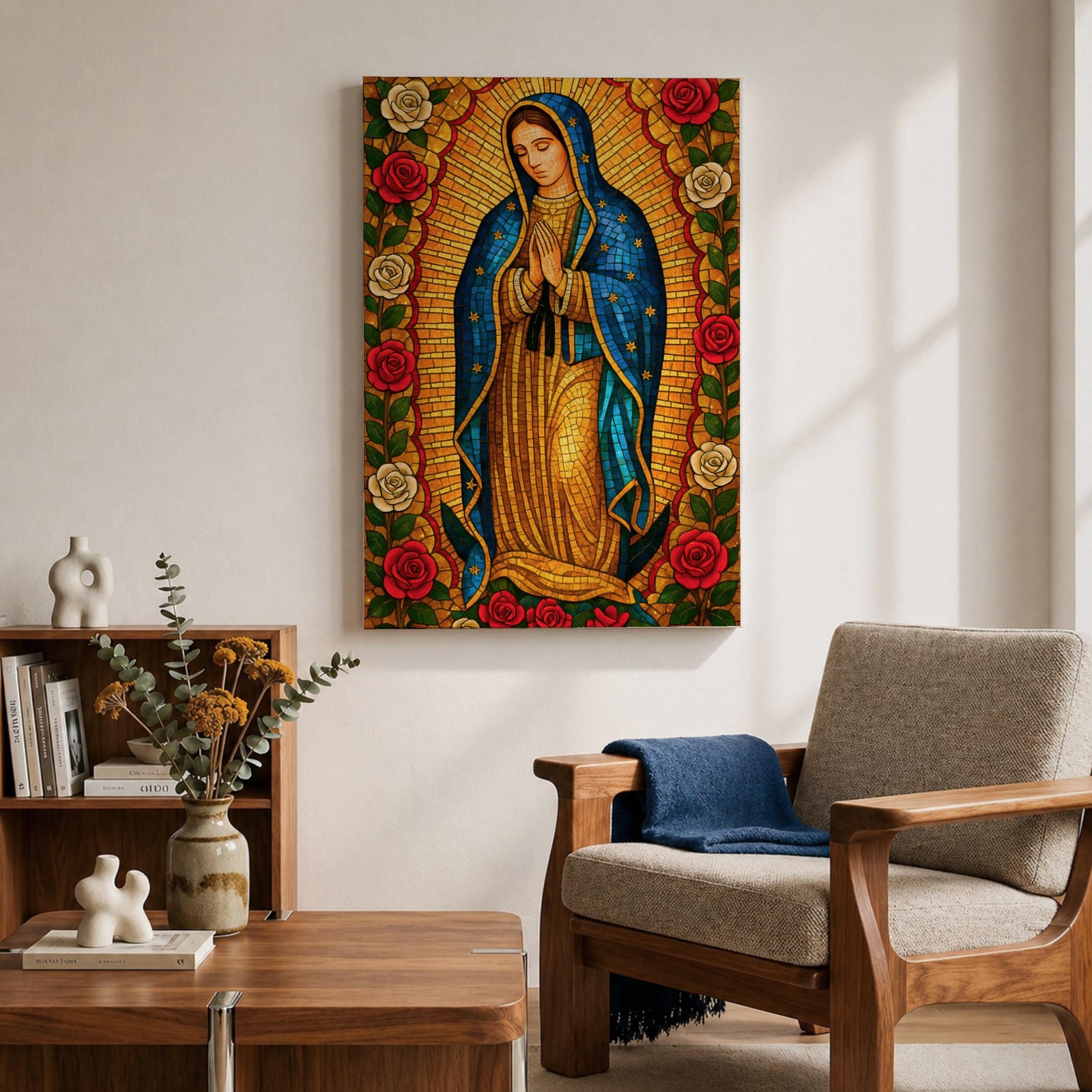 Stained glass style illustration of Our Lady of Guadalupe also known as La Guadalupana standing with hands clasped in prayer, wearing a rose colored gown and a star covered teal mantle, surrounded by radiant golden rays and geometric glass segments, with a small angel beneath her, rendered in luminous jewel tones inspired by traditional Catholic stained glass imagery.