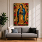 Stained glass style illustration of Our Lady of Guadalupe also known as La Guadalupana standing with hands clasped in prayer, wearing a rose colored gown and a star covered teal mantle, surrounded by radiant golden rays and geometric glass segments, with a small angel beneath her, rendered in luminous jewel tones inspired by traditional Catholic stained glass imagery.