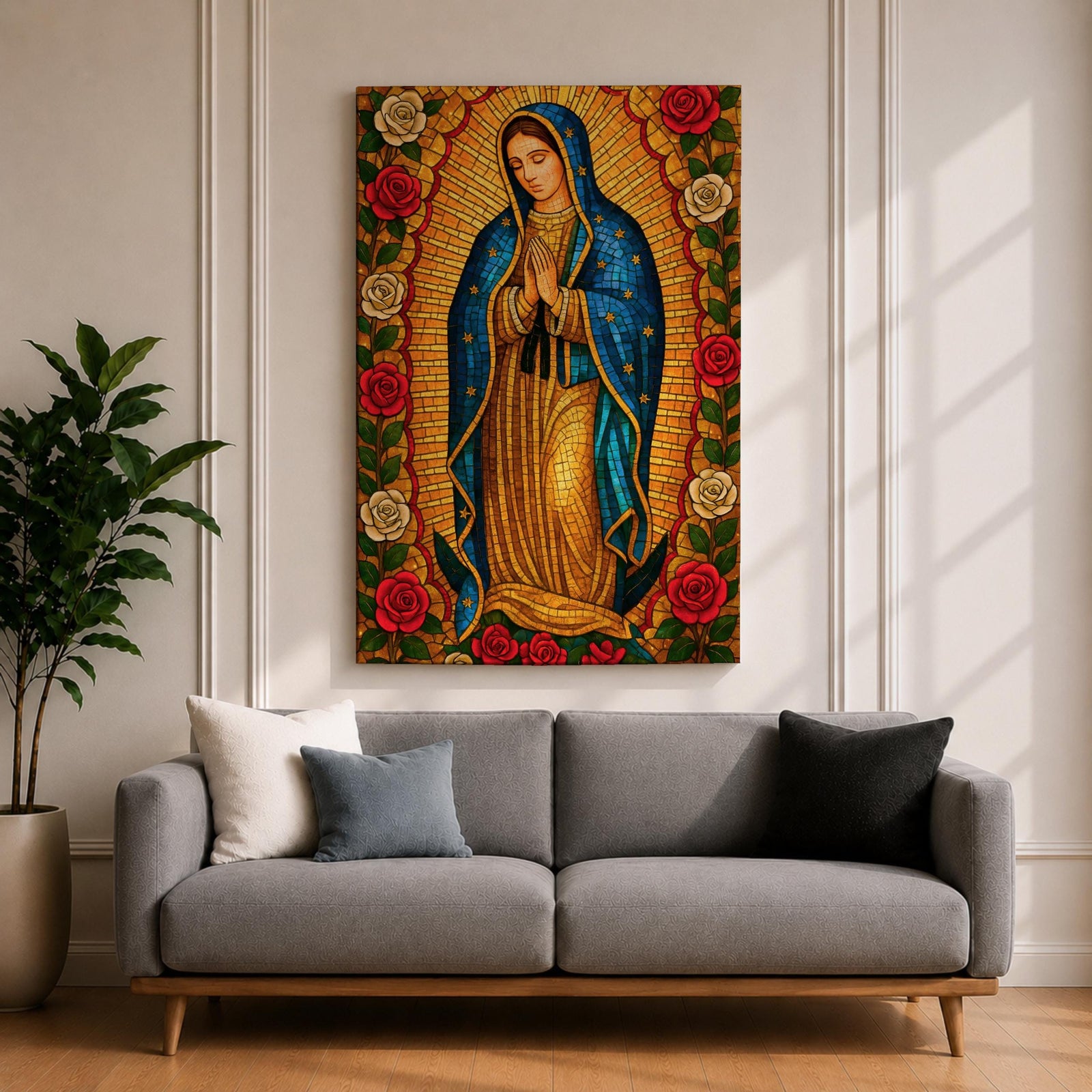 Stained glass style illustration of Our Lady of Guadalupe also known as La Guadalupana standing with hands clasped in prayer, wearing a rose colored gown and a star covered teal mantle, surrounded by radiant golden rays and geometric glass segments, with a small angel beneath her, rendered in luminous jewel tones inspired by traditional Catholic stained glass imagery.
