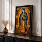 Stained glass style illustration of Our Lady of Guadalupe also known as La Guadalupana standing with hands clasped in prayer, wearing a rose colored gown and a star covered teal mantle, surrounded by radiant golden rays and geometric glass segments, with a small angel beneath her, rendered in luminous jewel tones inspired by traditional Catholic stained glass imagery.