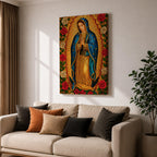Stained glass style illustration of Our Lady of Guadalupe also known as La Guadalupana standing with hands clasped in prayer, wearing a rose colored gown and a star covered teal mantle, surrounded by radiant golden rays and geometric glass segments, with a small angel beneath her, rendered in luminous jewel tones inspired by traditional Catholic stained glass imagery.
