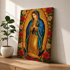 Stained glass style illustration of Our Lady of Guadalupe also known as La Guadalupana standing with hands clasped in prayer, wearing a rose colored gown and a star covered teal mantle, surrounded by radiant golden rays and geometric glass segments, with a small angel beneath her, rendered in luminous jewel tones inspired by traditional Catholic stained glass imagery.