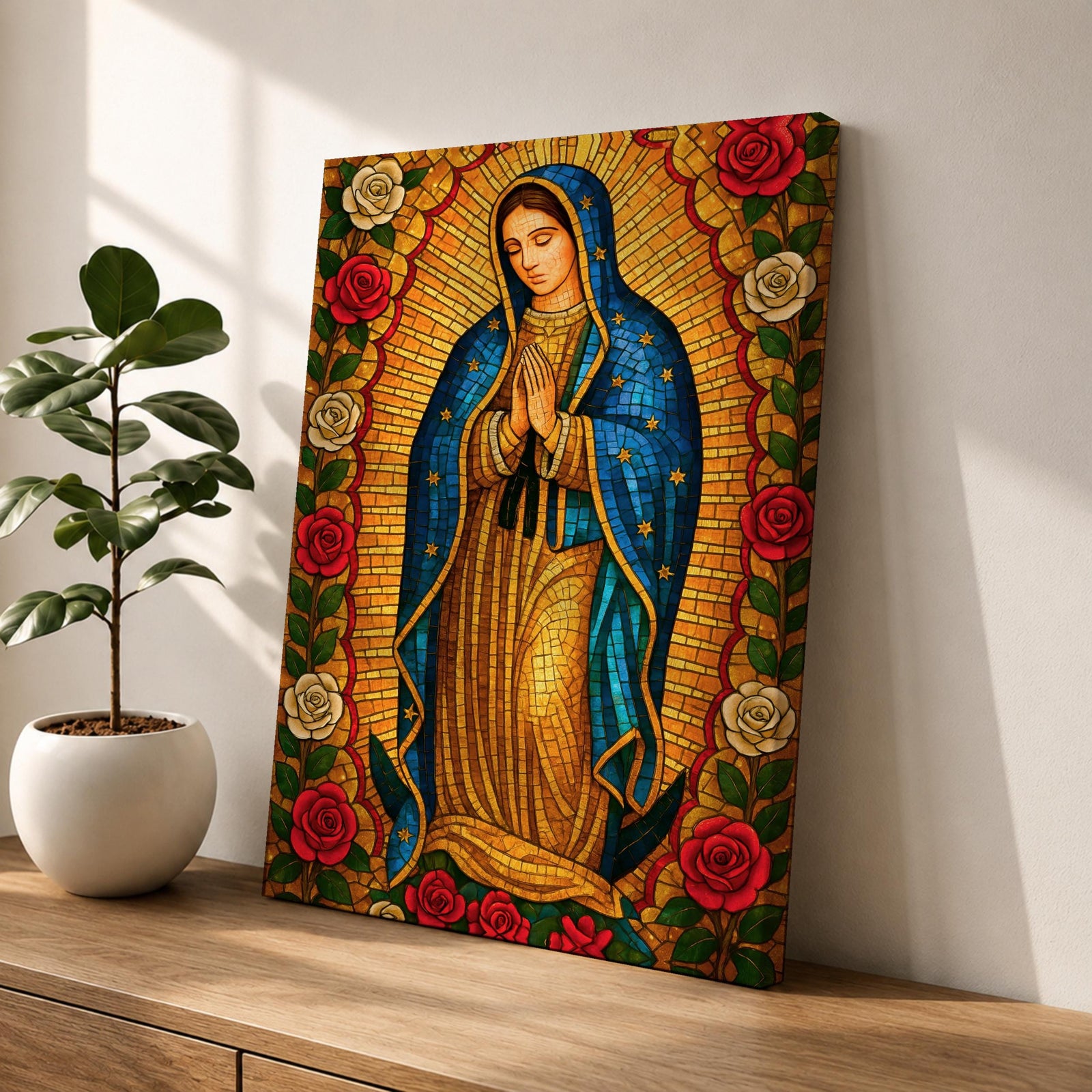 Stained glass style illustration of Our Lady of Guadalupe also known as La Guadalupana standing with hands clasped in prayer, wearing a rose colored gown and a star covered teal mantle, surrounded by radiant golden rays and geometric glass segments, with a small angel beneath her, rendered in luminous jewel tones inspired by traditional Catholic stained glass imagery.