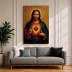 Devotional illustration of Jesus Christ presenting the Sacred Heart glowing at the center of his chest, crowned with thorns and radiating light, shown with a calm expression and one hand raised in blessing while the other points to the heart, rendered with warm tones and soft shading in a traditional Christian devotional composition.