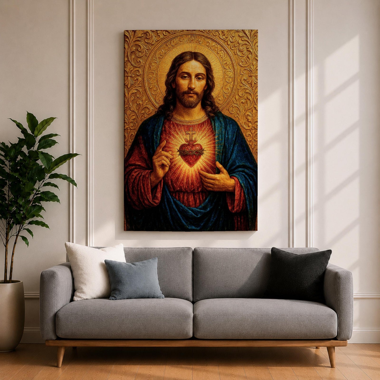 Devotional illustration of Jesus Christ presenting the Sacred Heart glowing at the center of his chest, crowned with thorns and radiating light, shown with a calm expression and one hand raised in blessing while the other points to the heart, rendered with warm tones and soft shading in a traditional Christian devotional composition.