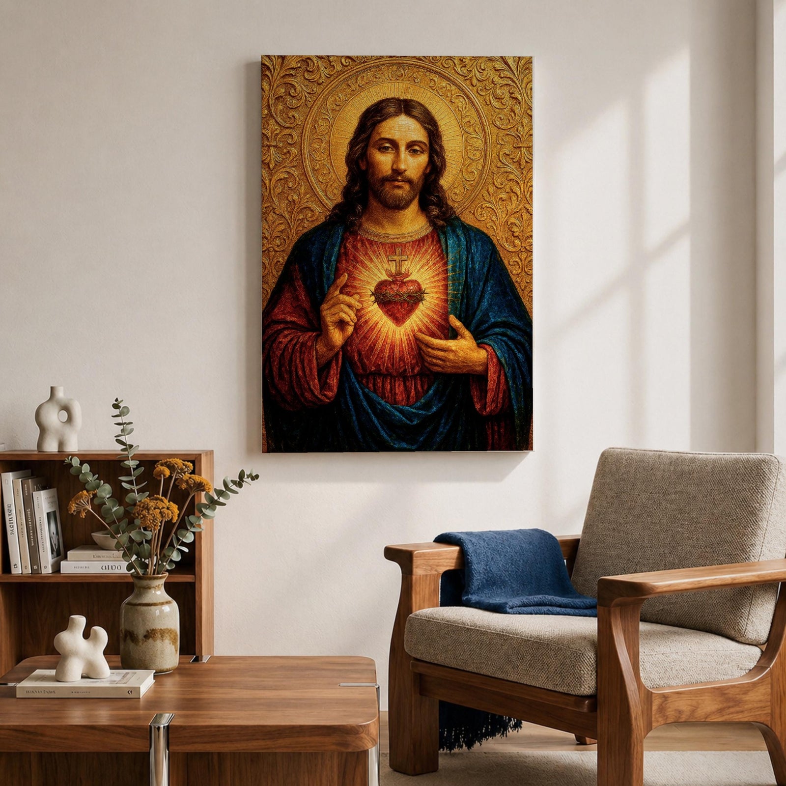 Devotional illustration of Jesus Christ presenting the Sacred Heart glowing at the center of his chest, crowned with thorns and radiating light, shown with a calm expression and one hand raised in blessing while the other points to the heart, rendered with warm tones and soft shading in a traditional Christian devotional composition.